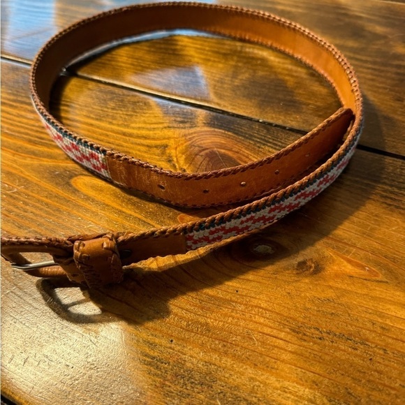 Vintage Leather & Woven Multicolor Cotton Belt Size 32 Hand Tooled - Picture 7 of 8